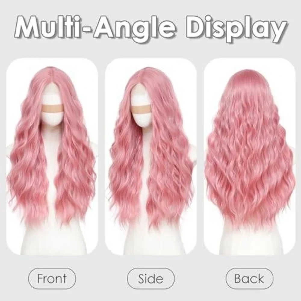 Long‎ Wavy Pink Wig Synthetic Heat Resistant Pastel Rose Hair Cosplay Festival